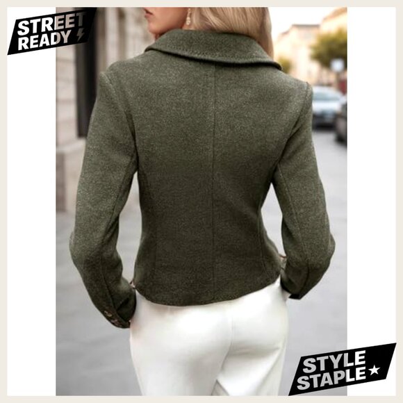 Cropped Tweed Blazer Slim Fit Work Casual Polyester Blend Lined - Picture 5 of 7